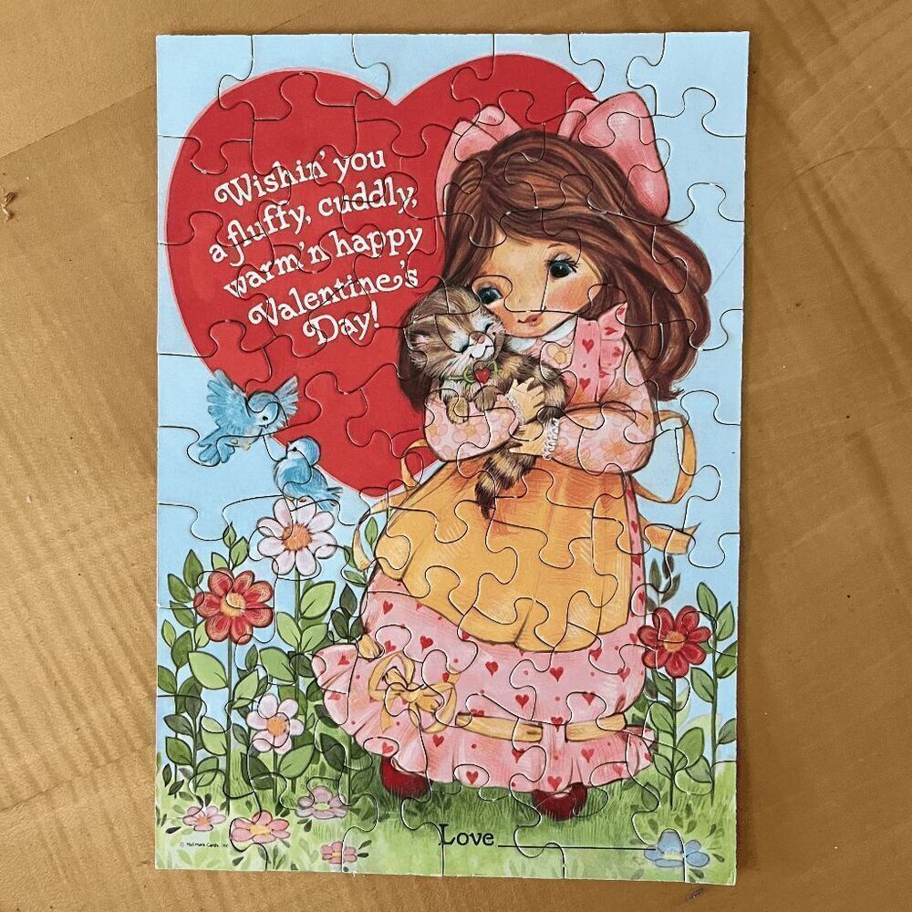 VTG Hallmark Valentine’s Day Puzzle Girl Cat 1970s 7.25x10.25 Complete